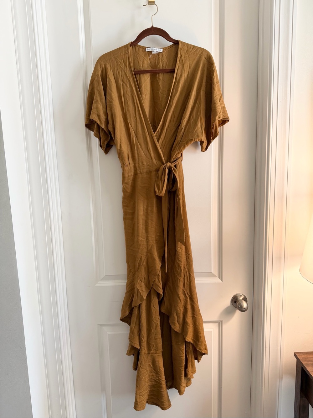 Young Fabulous & Broke Wrap Ruffle Midi Dress in Mustard Brown